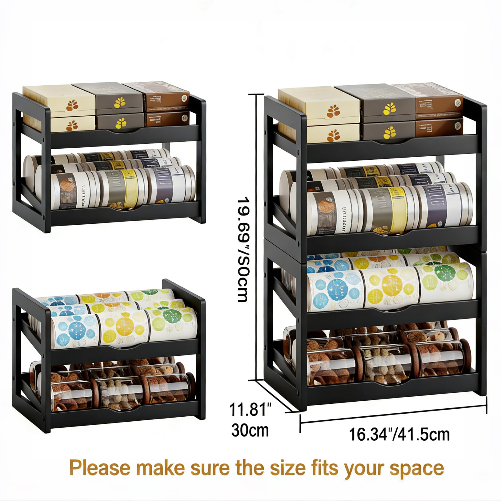 BAMBANG Organizador de latas para despensa, estante de almacenamiento de latas apilable de bambú desmontable de 4 niveles, dispensador de latas de refresco rodante para gabinete, capacidad para hasta