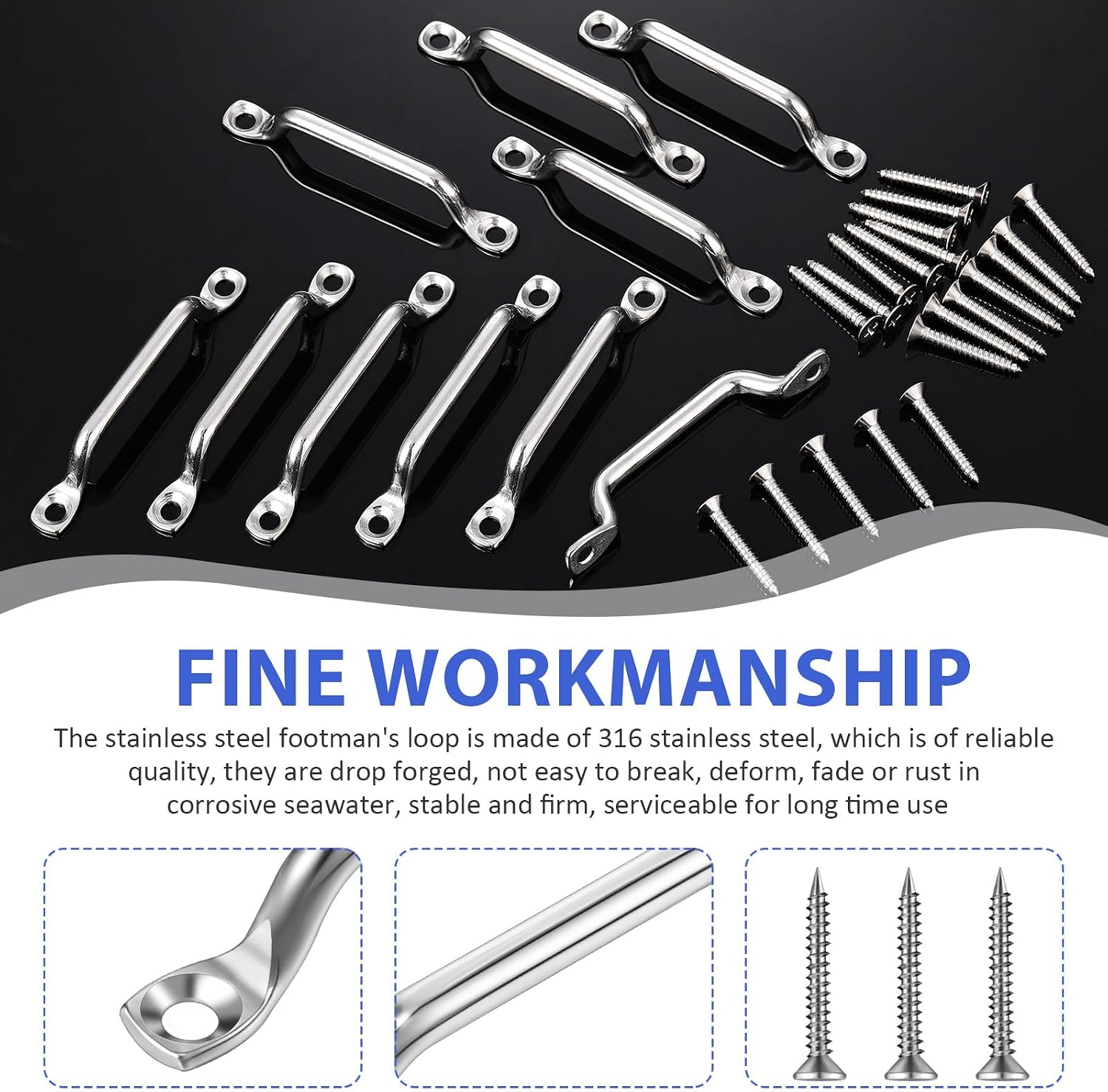 Yaocom Stainless Steel Footman Loop with Flat Head Tapping Screws Bimini Top Strap Footman Loop for Kayak, Boat