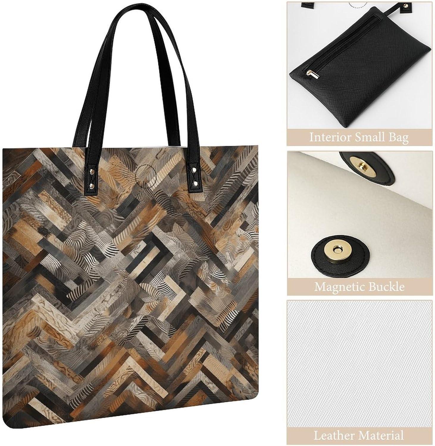 Brown And Gray Shapes Handbags Large Capacity, Tote Bag Stylish Slouchy, Shoulder Bags for Work Beach Travel And Shopping Grocery.