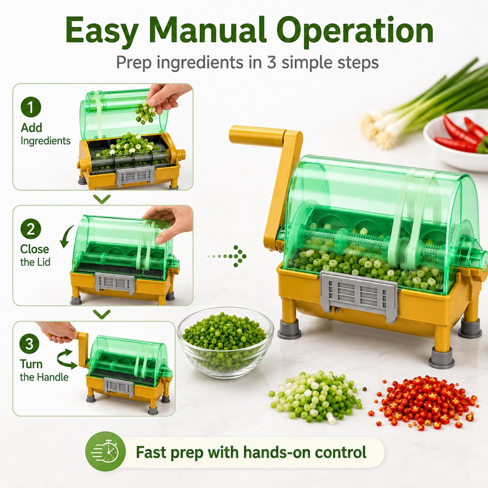 Manueller Gemüseschneider Kapazität, Hand Zerkleinerer und Knoblauchpresse | Edelstahl Klingen Schneider for 3mm Gleichmäßige Schnitte Abnehmbar Leicht zu Reinigen for Lauch Chilies