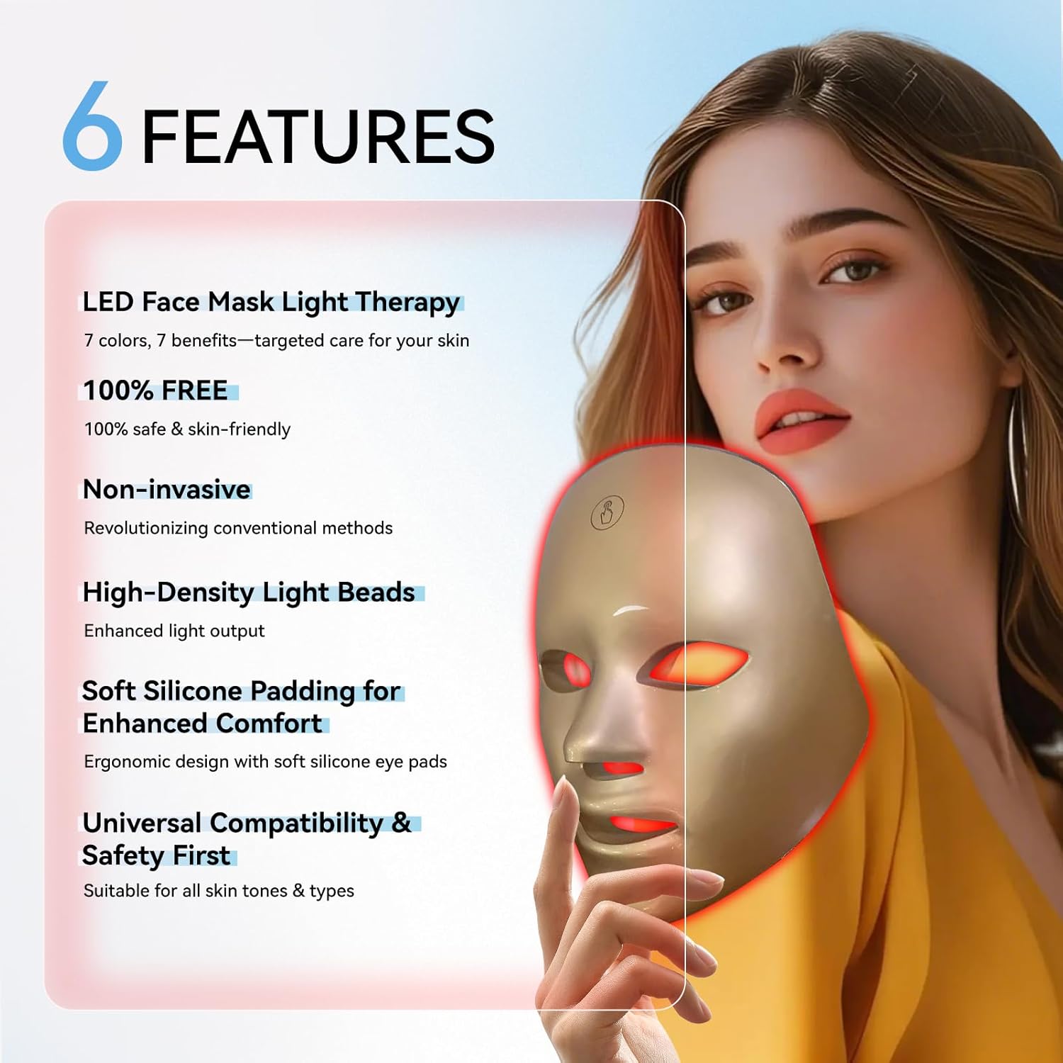 LED Face Mask Light Therapy – 7-in-1 Colors Facial Skin Care Mask for At-Home Use, Portable, Cordless & USB Rechargeable (Gold) - Image 2