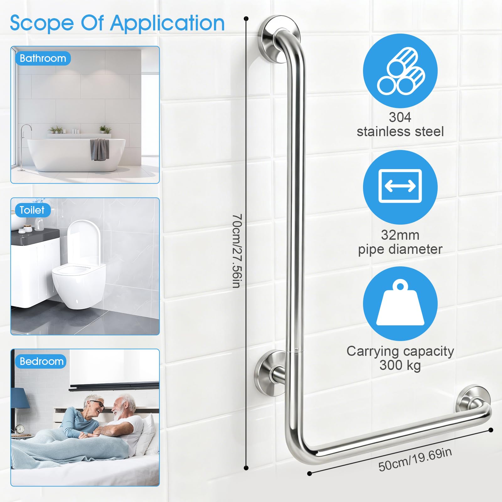 Maniglia per doccia, 70 x 50 cm, a forma di L, in acciaio inox, per anziani e incinte, impugnatura di sicurezza per bagno, WC, corrimano da parete antiscivolo per hotel e casa (lucidato, destra)