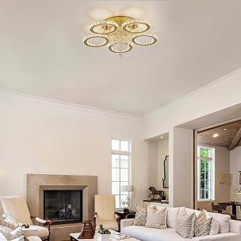 VETRULUS Crystal LED Chandelier Gold Flush Mount Light Living Room Dimmable [Energy Class F]