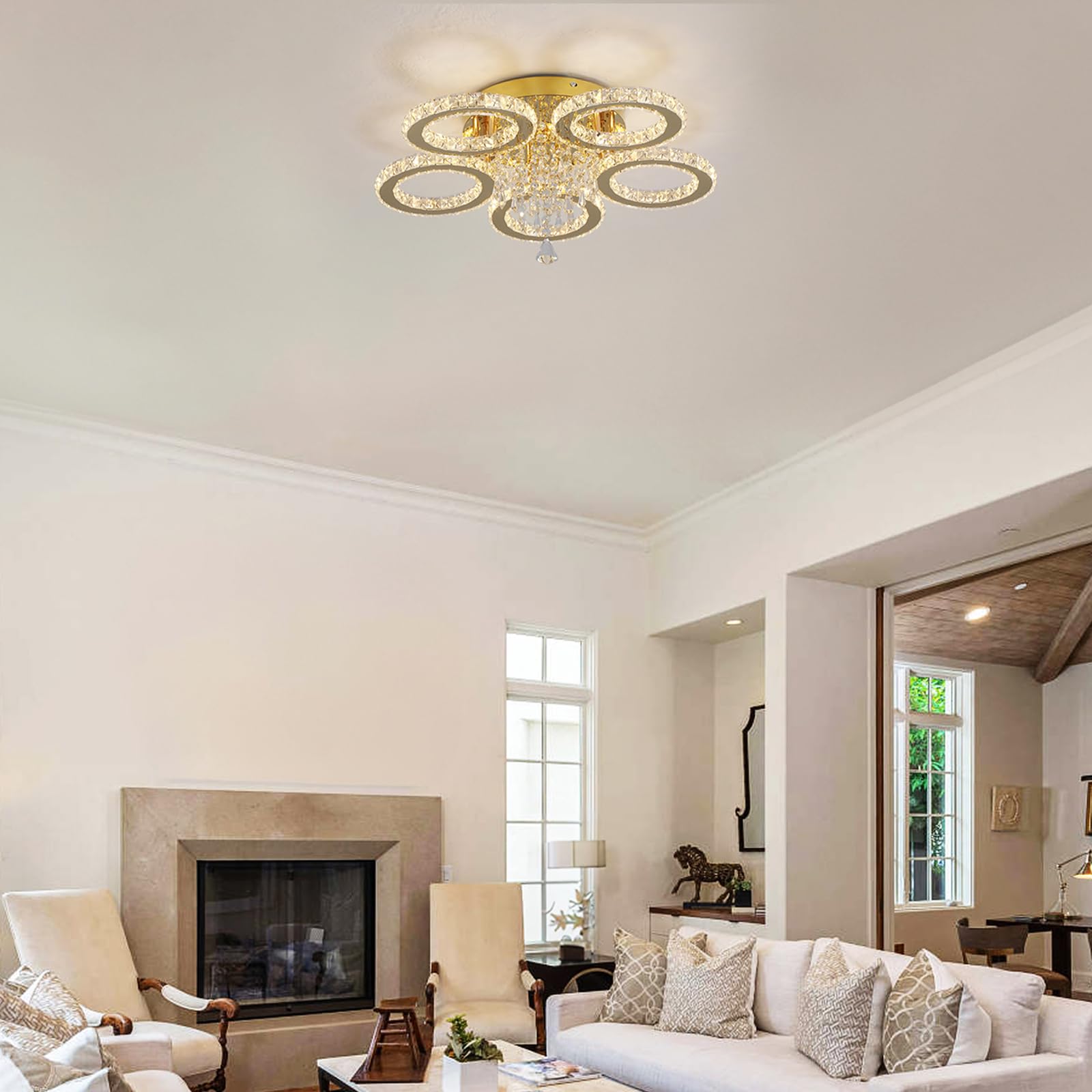VETRULUS Moderner Kristall-Kronleuchter – Goldene LED-Deckenleuchte mit 5 Ringen, Dimmbar für Schlafzimmer, Wohnzimmer, Esszimmer, Flur
