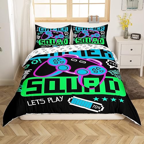 Juego de cama con diseño estampado de control de videojuegos, para niños, adolescentes y jugadores, incluye 1 funda de edredón suave + 2 fundas de