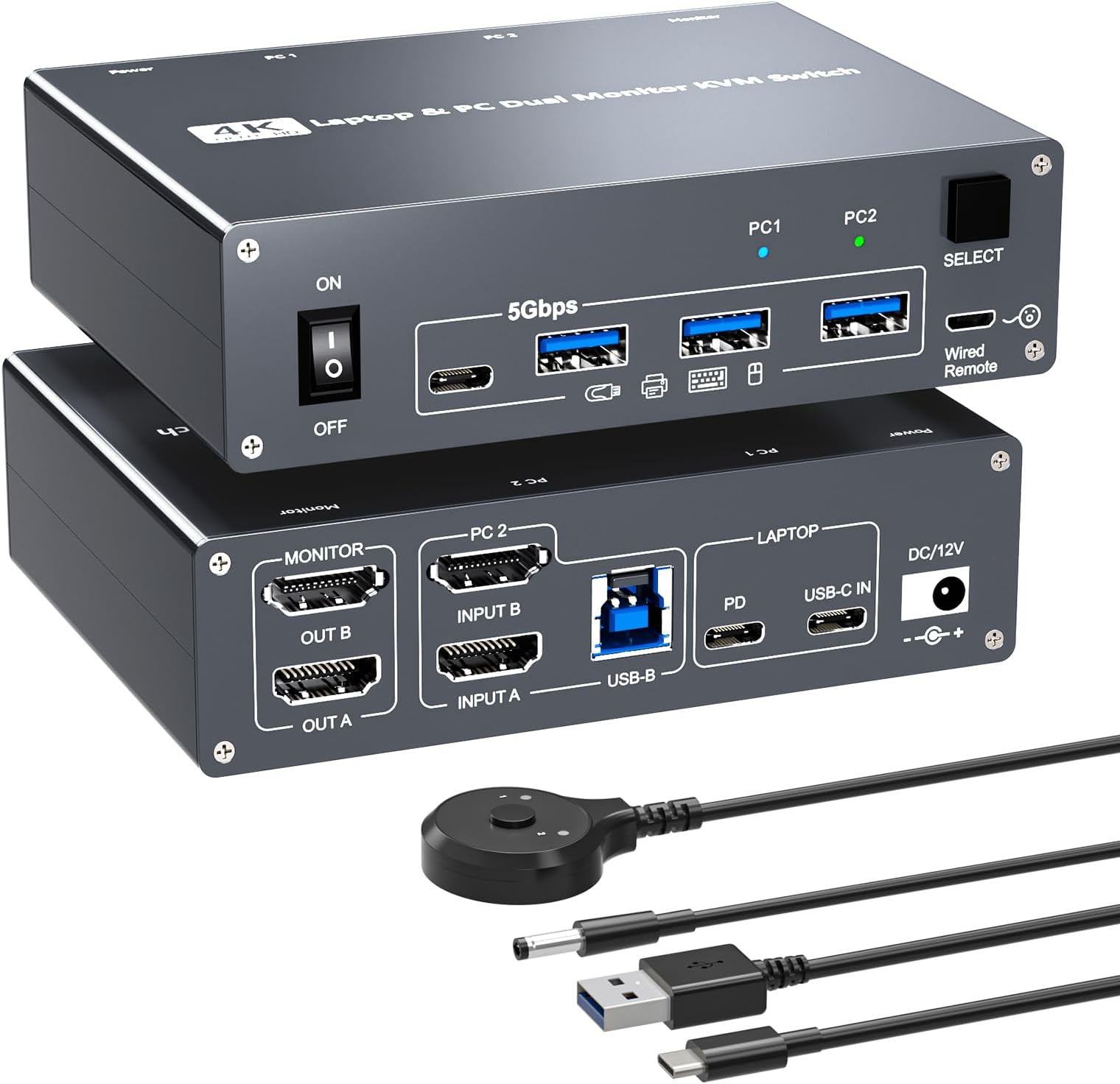 4K USB Type-C Docking KVM Switch Laptop& Desktop 2 Monitors 2 Computers USB-C & Dual HDMI 4K@60Hz Dual Monitor KVM Switches for MAC & PC, PD 100W Charging, with Type-C 3.1 Gen 2 Cable & Wired Remote