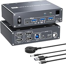 4K USB Type-C Docking KVM Switch Laptop& Desktop 2 Monitors 2 Computers USB-C & Dual HDMI 4K@60Hz Dual Monitor KVM Switches for MAC & PC, PD 100W Charging, with Type-C 3.1 Gen 2 Cable & Wired Remote