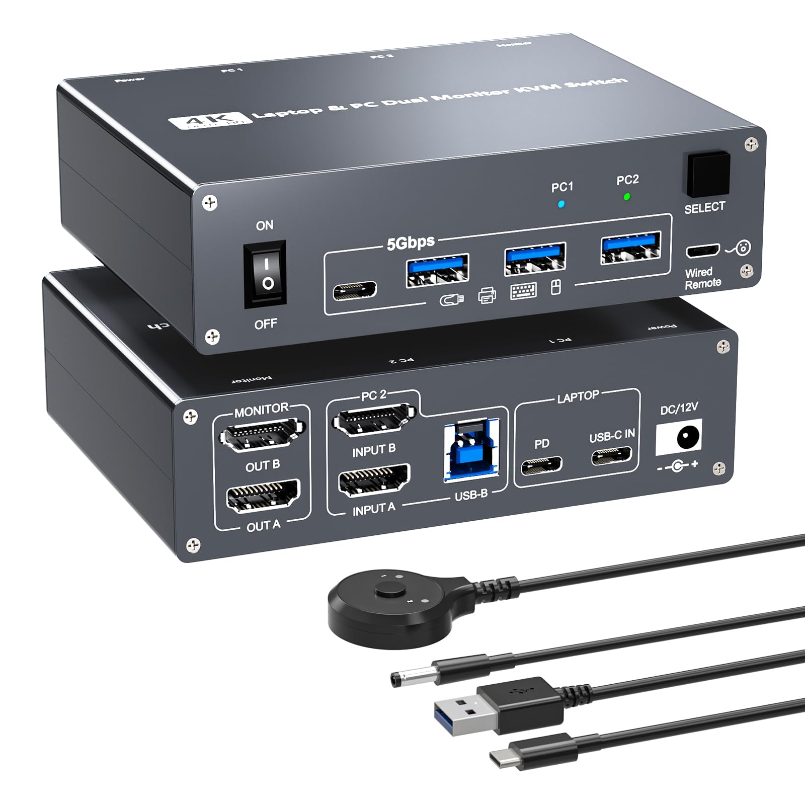 4K USB Type-C Docking KVM Switch 2 Monitors 2 Computers USB-C & Dual HDMI 4K@60Hz Dual Monitor KVM Switches for Laptop and Desktop, PD 100W Charging, with Type-C 3.1 Gen 2 Cable & Wired Remote-image-46