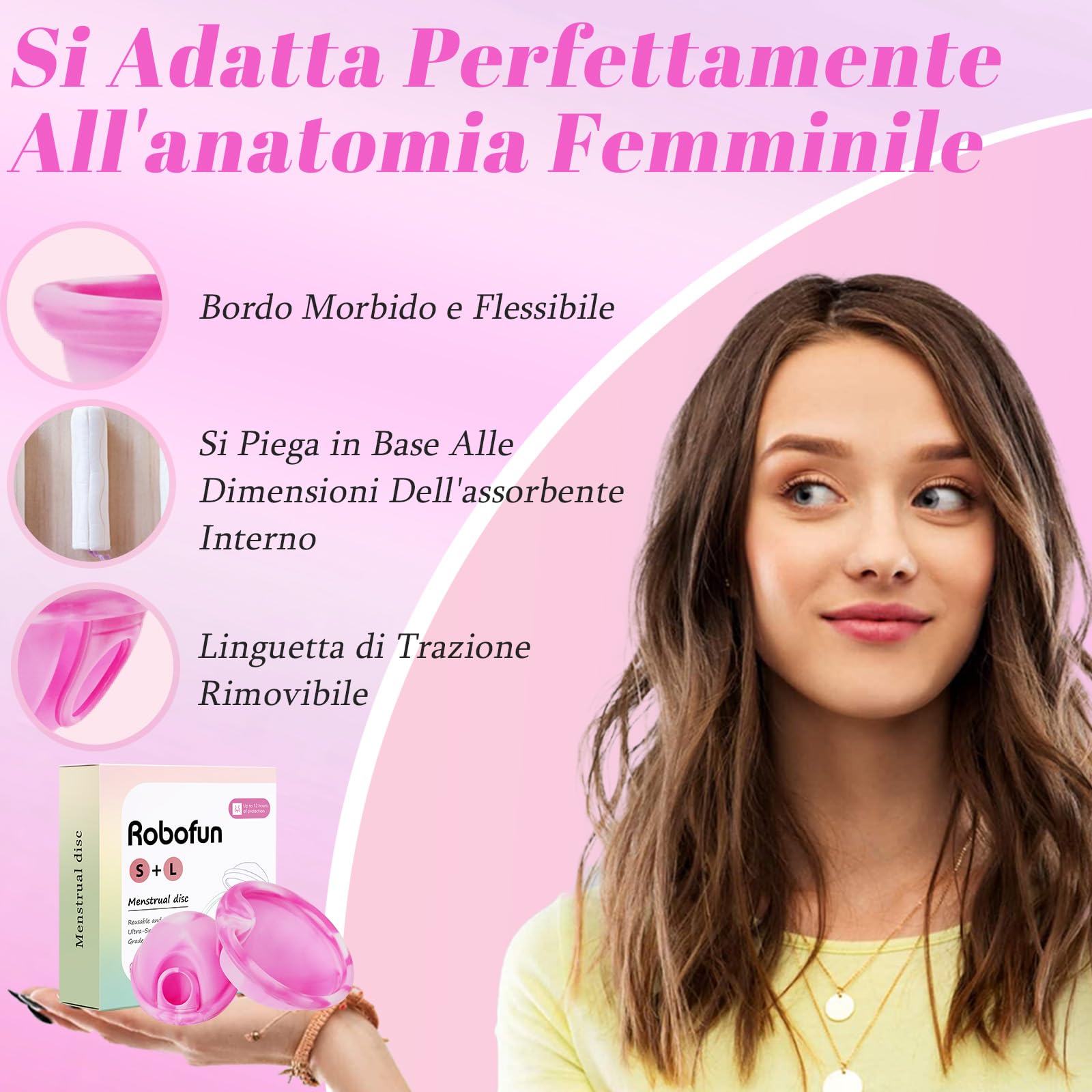 Robofun Disco mestruale, 2 pezzi (S+L) - Coppa mestruale riutilizzabile in silicone medico 100% per tutte le correnti, senza pericolo per lo sport e il nuoto -Bianco&Viola