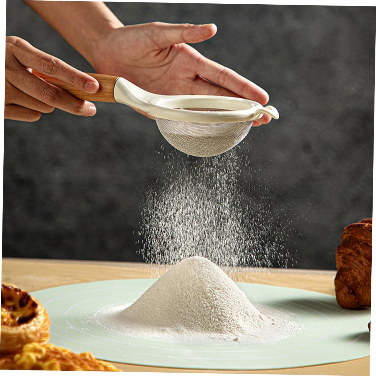 FUNOMOCYA Fine Mesh Flour Sieve with Wooden Handle Small Kitchen Strainer for Baking and Tea Multipurpose Sifter for Home and Restaurant Use Comfortable Grip for Extended Use