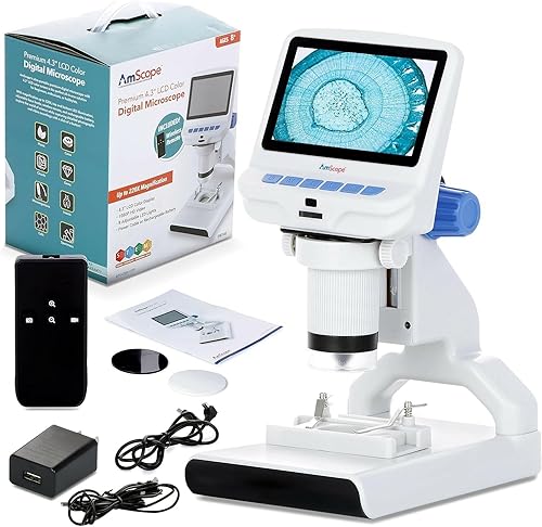AmScope - Microscopio digital de color LCD portátil de 1080P HD premium de 4.3 pulgadas con iluminación dual LED - DM140