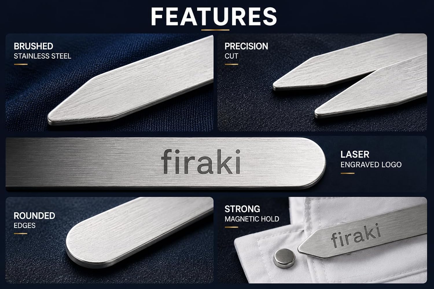 Magnetic Metal Collar Stays for Men's Dress Shirts, Pack of 3 with Extra Magnets. Metal Collar Stays in Sizes 2.2", 2.5", and 2.75". 6 Metallic Stays with 12 Magnets