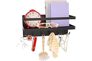 Magnetic Key Holder for Fridge with 6 Hooks and Tray, Steel, Black, Medium