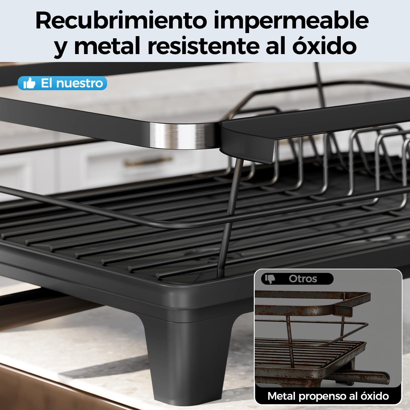 Escurridor de Platos, Escurreplatos con Soporte para Utensilios Extraíble, Escurreplatos de Cocina para Fregadero con Tabla de Escurrir con Pies Elevados, Escurreplatos de Gran Capacidad, Negro