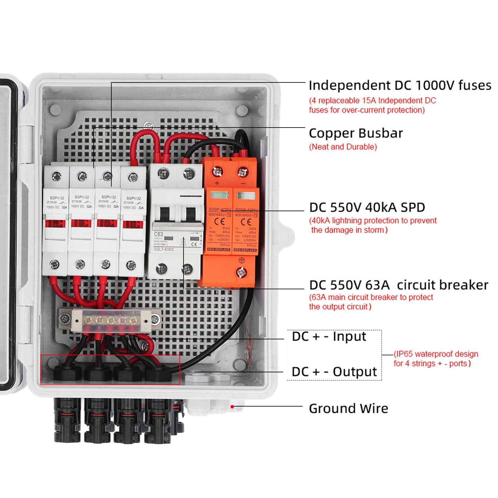 PV-Kombinierer-Box, DC12V 24V 36V 48V 4 String Solar Combiner Box mit 15A Sicherung 63A Leistungs Schalter, Outdoor-Leistungs Schalter für On-und Off-Grid-Solarstrom Anlage