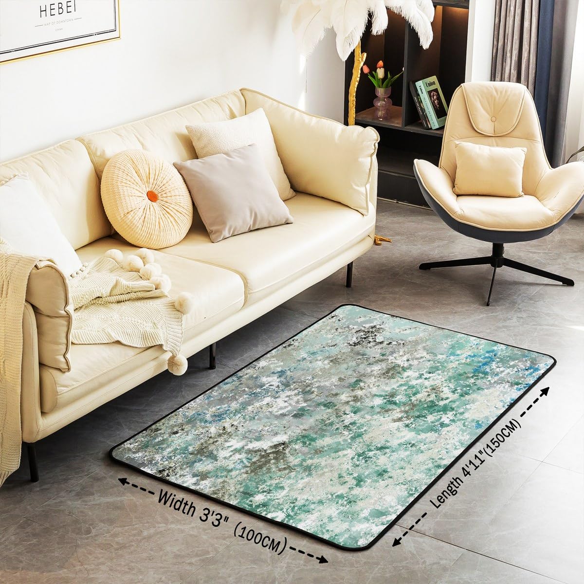 Homewish Estetyczny dywan 100 x 150 cm, abstrakcyjny dywan do salonu dla dzieci chłopców mężczyzn retro ombre rysunek obraz olejny moro dekoracyjny dywan szary zielony antypoślizgowa mata podłogowa do