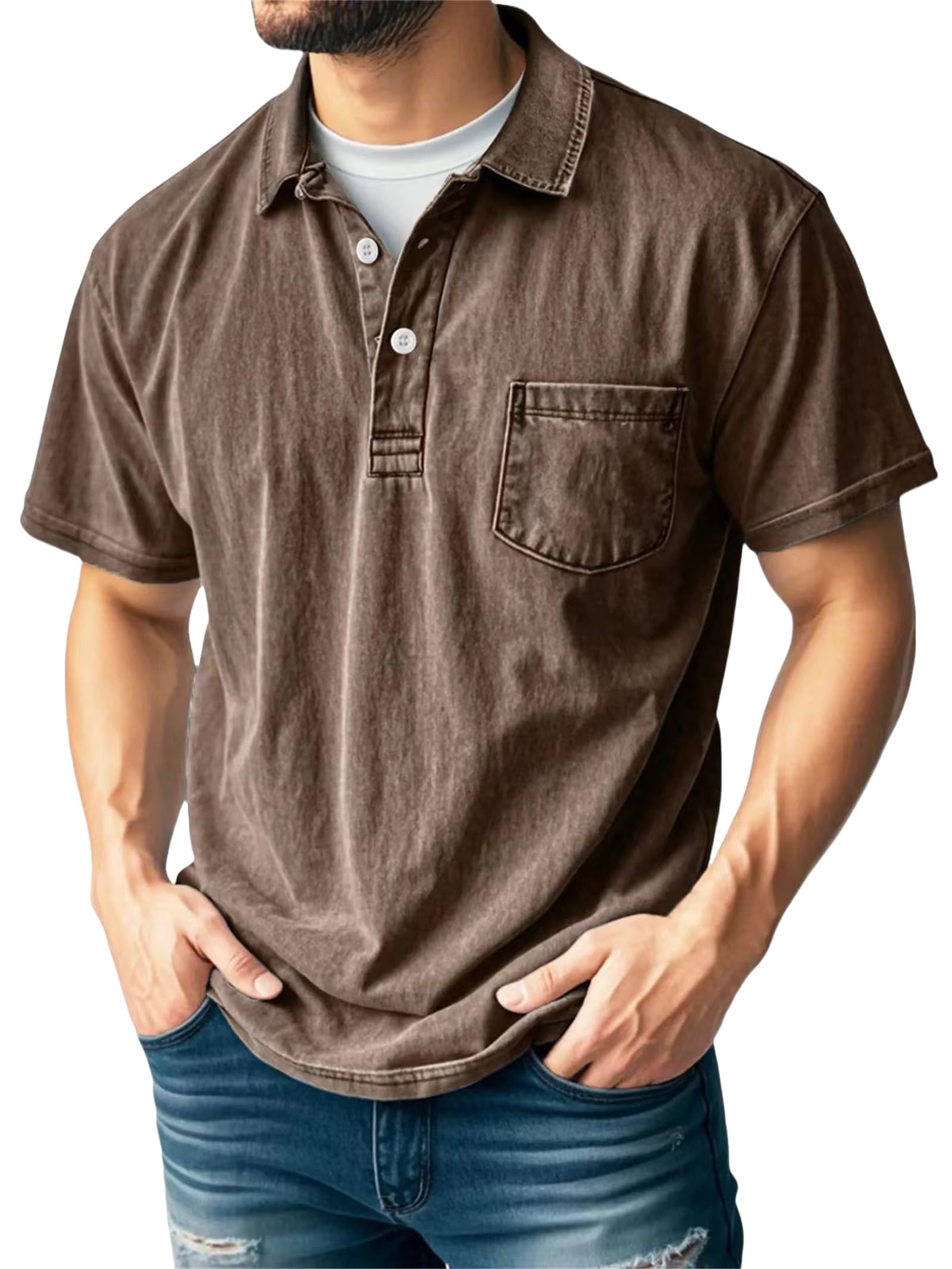 Mokaloha Camicia da uomo casual Henley con colletto alto retrò e taschino, scollo rotondo estivo, a maniche corte, marrone, 5XL