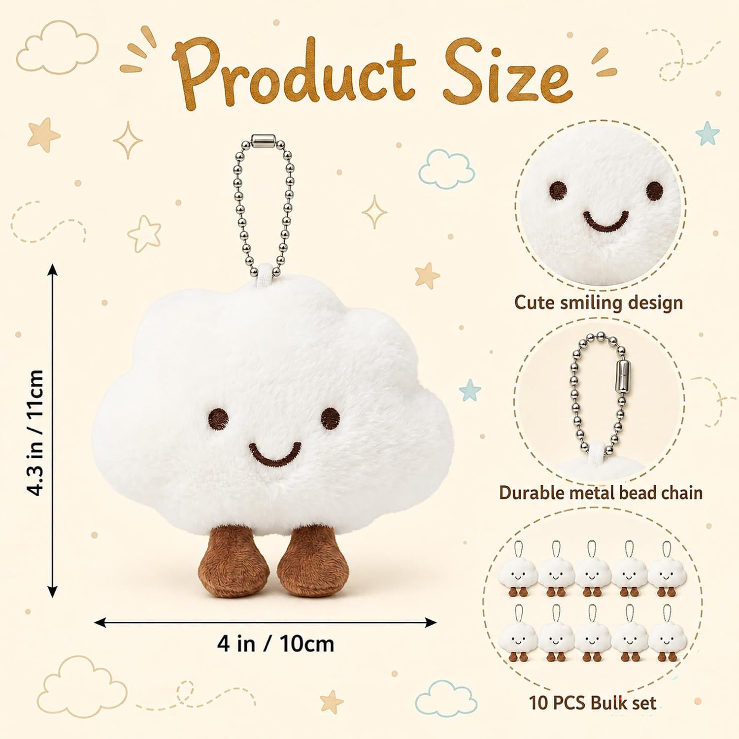 10 Pcs Cute Cloud Keychain Bulk Kawaii Plush Happy Cloud Stuffed Bag Charm Puffy Birthday Gifts Team Pack image 2