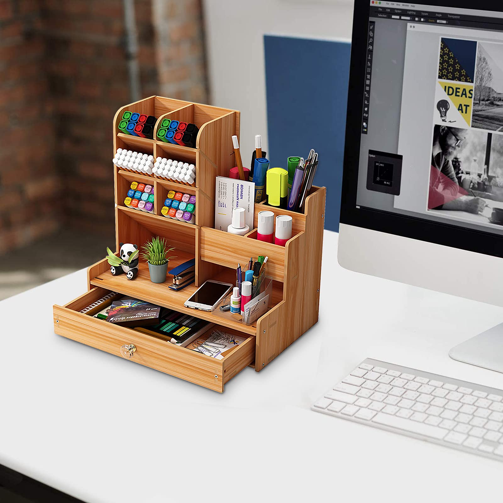 Hggzeg Organizer da scrivania in legno fai da te da te per cancelleria, grande capacità, con cassetto per casa, ufficio e scuola (B17 color ciliegia)