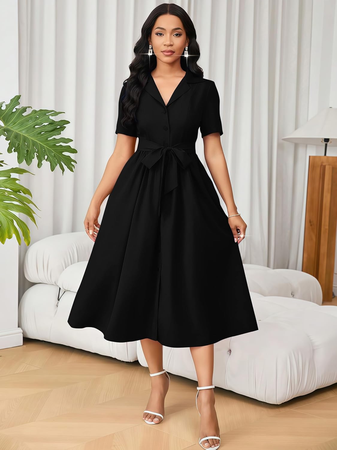 Women's Elegant V-Neck Flowy A-Line Dress Flared Short Sleeves Cinch Waist Cocktail Date Party Midi Dresses - Image 3