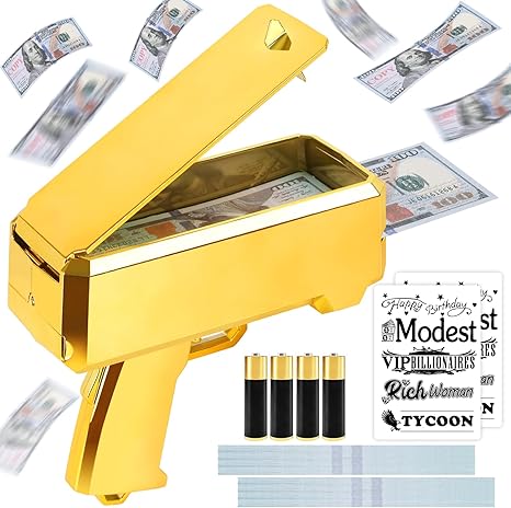 Money Gun and Props, Paper Dispenser Toy Fake Gun for Party, Gift for Kids Adults, Pretend Play Toy Gun (Gold)