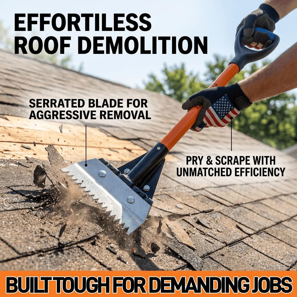 Roof Shingle Removal Shovel, 47.7'' Heavy-Duty Carbon Steel Tile Shovel with Reinforced D-Handle - Anti-Break, Rust-Proof for Shingle Ripper & Nail Pulling