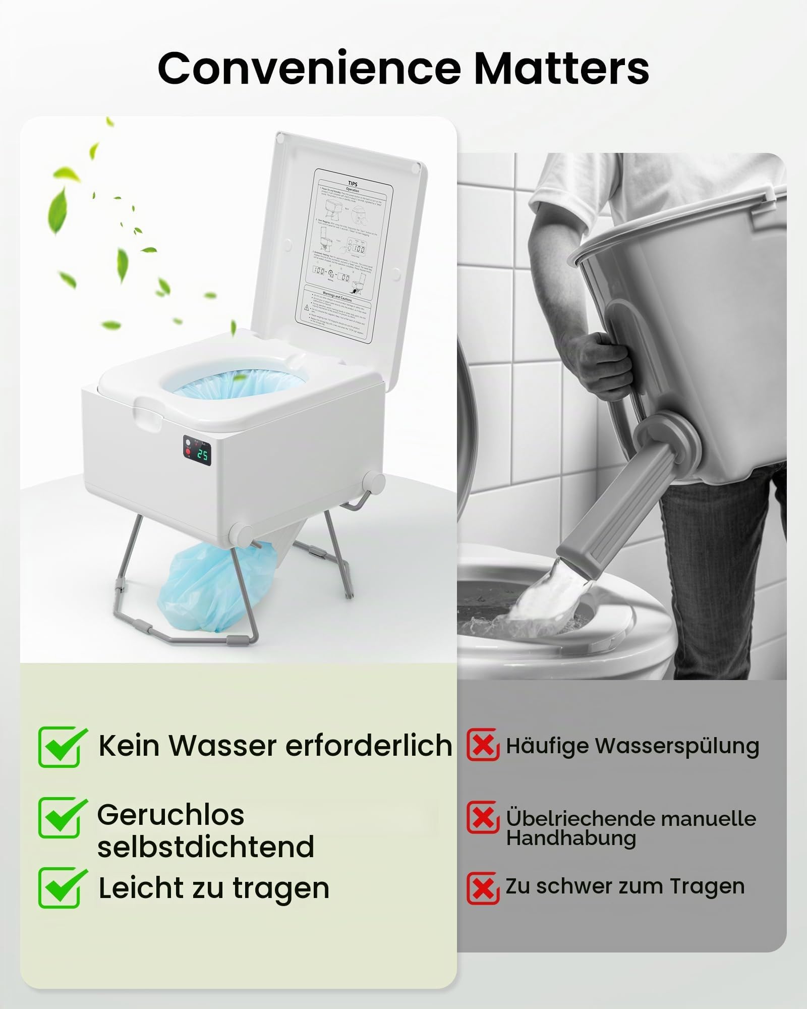 Trockenspültoilette – wasserlos, geruchlos, in sich geschlossen, wiederaufladbare, tragbare Toilette für Wohnmobile, Lieferwagen, Boote, kleine Häuser, netzunabhängige Toiletten, einfacher zu