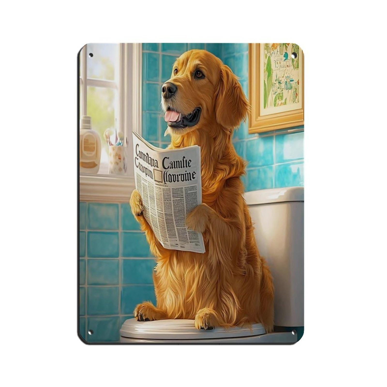 Lxwnze 30L X 40W Cm Golden Retriever Reading Newspaper Bathroom Retro Poster Metal Tin Sign Chic Art Retro Iron Painting Bar People Cave Cafe Family Garage Poster Wall Decoration 12X16inch(30X40cm)