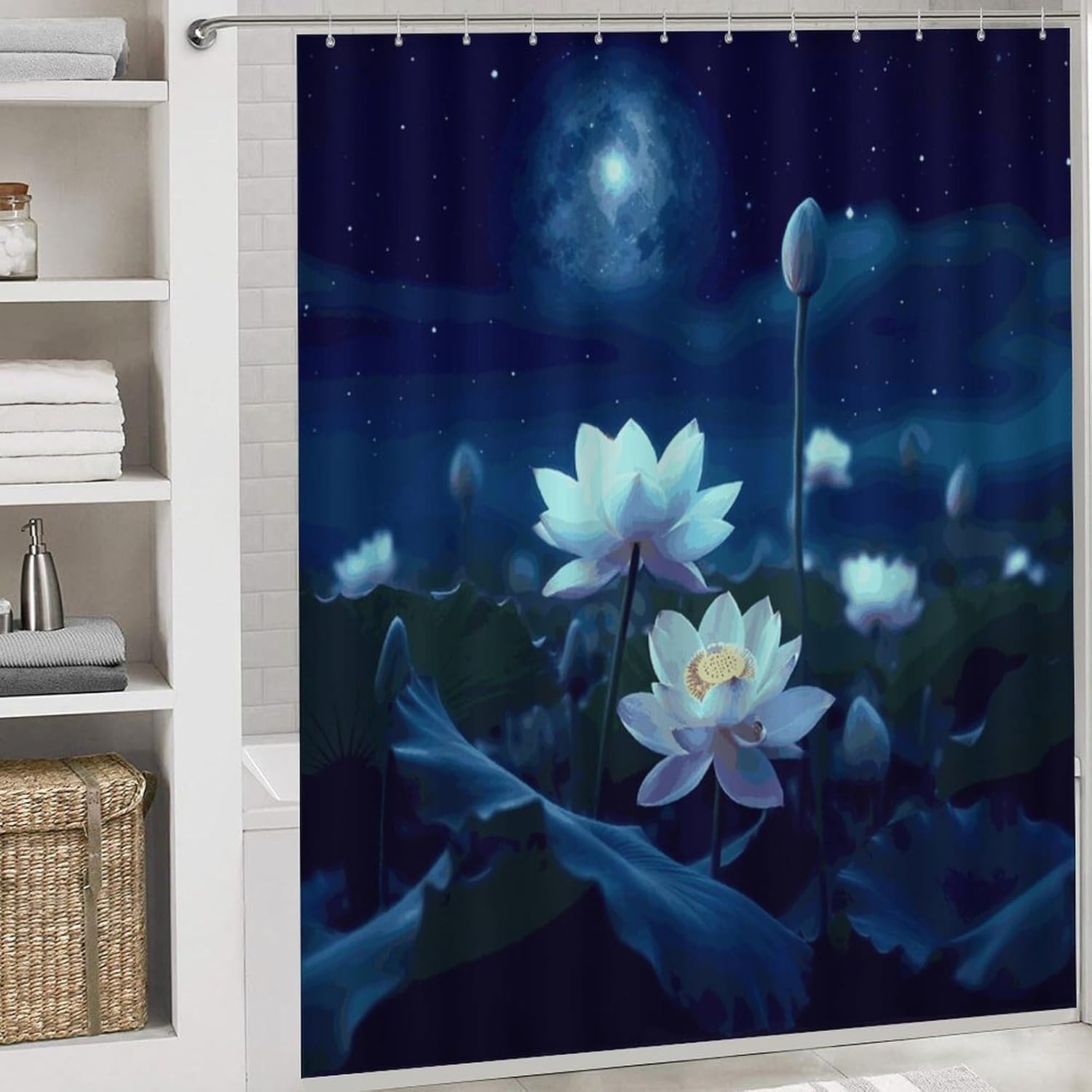 4 Piece Bathroom Rug Set with Shower Curtain, Non-Slip Bath Mat Toilet Cover Set, Night Flowers Bathroom Rug Sets