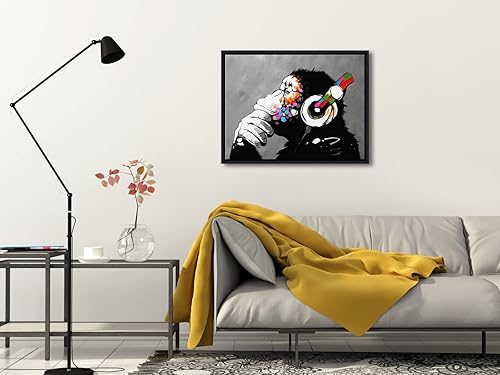 Miniatura 2 de Wieco Art Marco Negro Mono con Auriculares Banksy Arte de Graffiti Abstracto Pinturas en Lienzo Impresiones Arte de Pared en Lienzo de Animales para