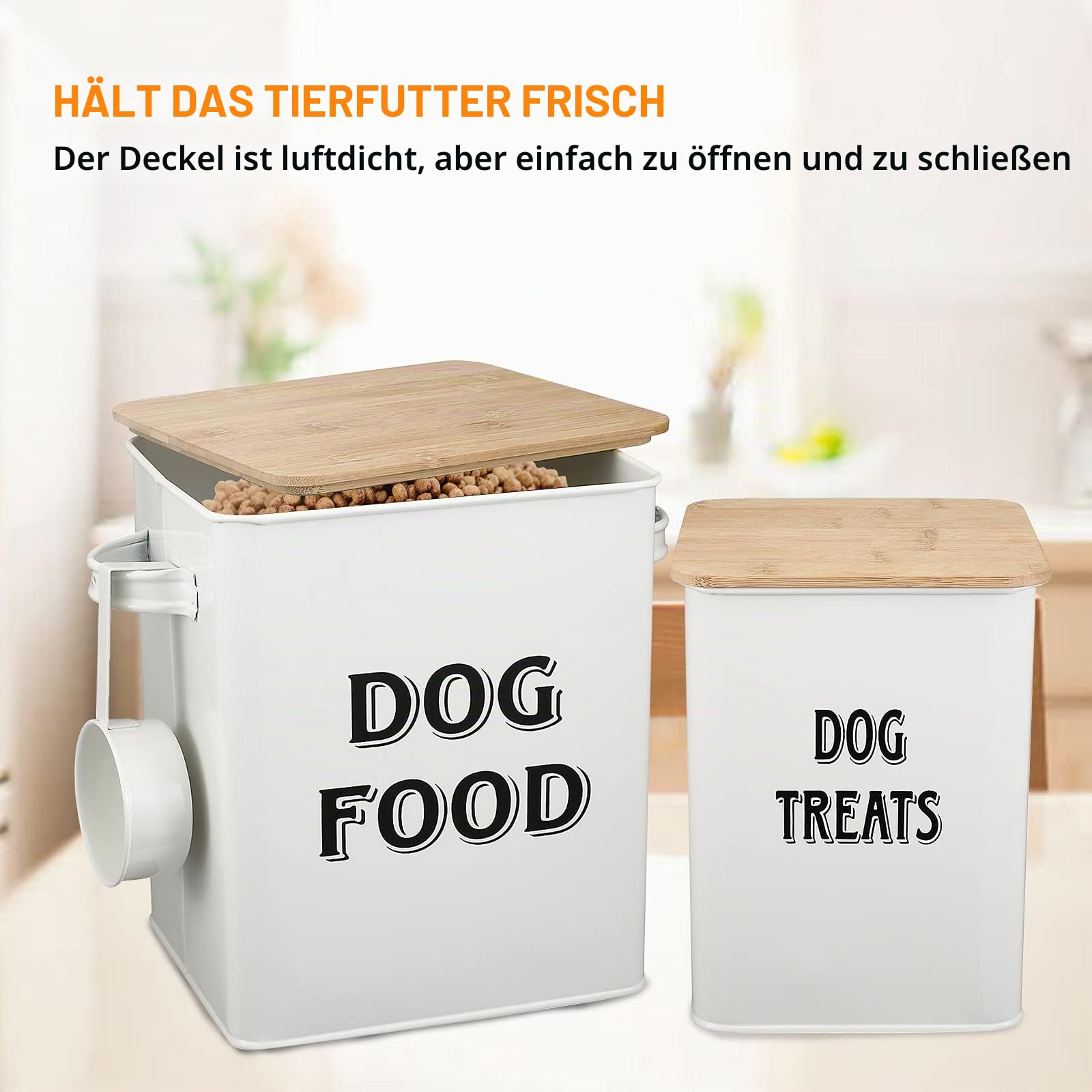 Morezi Tierfutterbehälter,hundefutter aufbewahrungsbox, Futterbox mit Schaufel und luftdichtem Holzdeckel, Aufbewahrung von Lebensmitteln und organisations-weiß