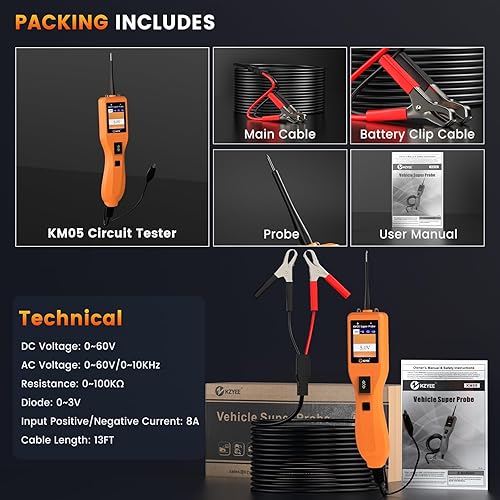 Vista 34 de KZYEE KM50 (actualización de KM10) Kit de sonda de circuito de potencia - Probador de circuito automotriz de 12V/24V Sonda de corriente con voltaje