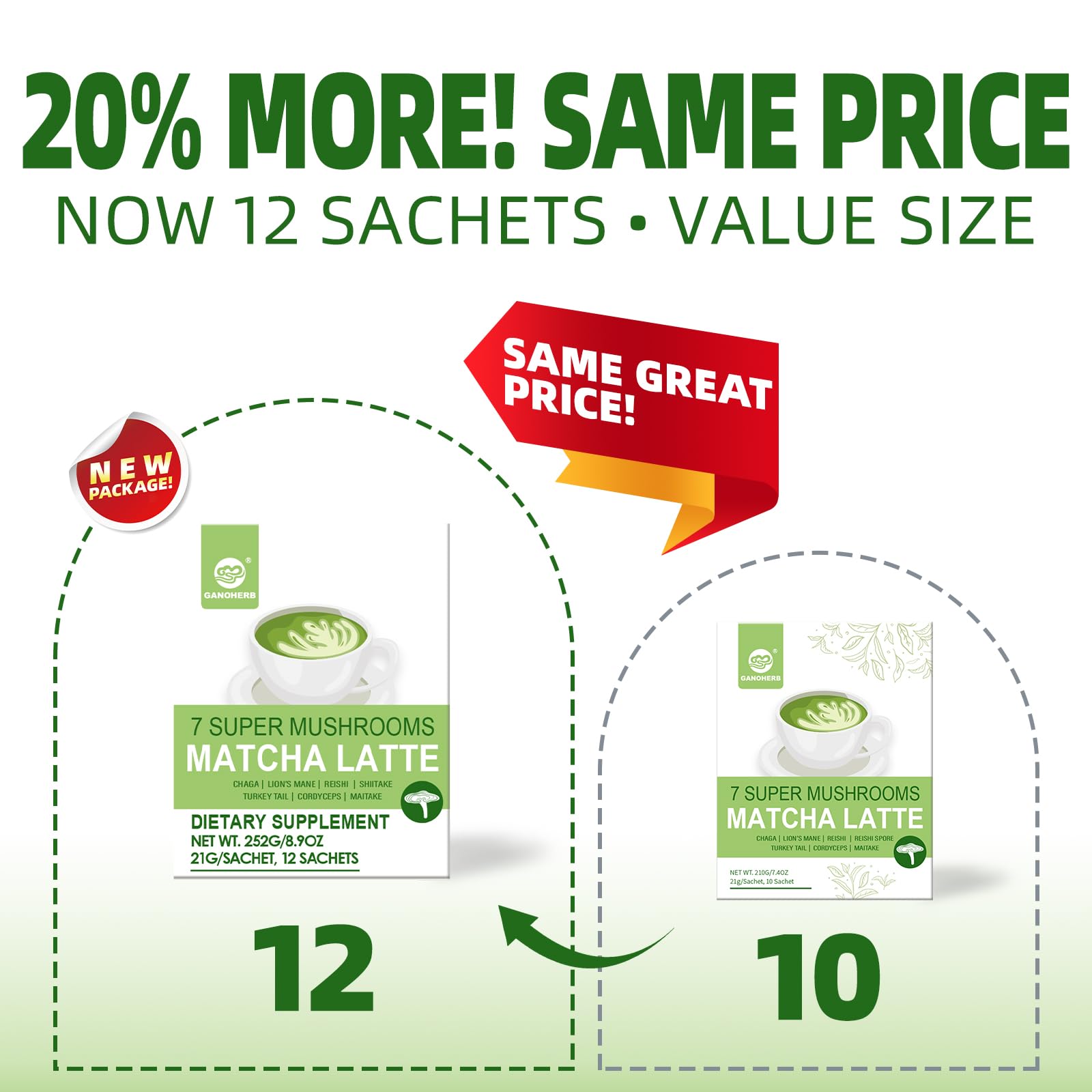 GANOHERB Mushroom Matcha Powder Latte Mix 7 4 Ounce 7 Superfood Mushrooms with 25 Beta-Glucans Lions Mane Reishi — view 3