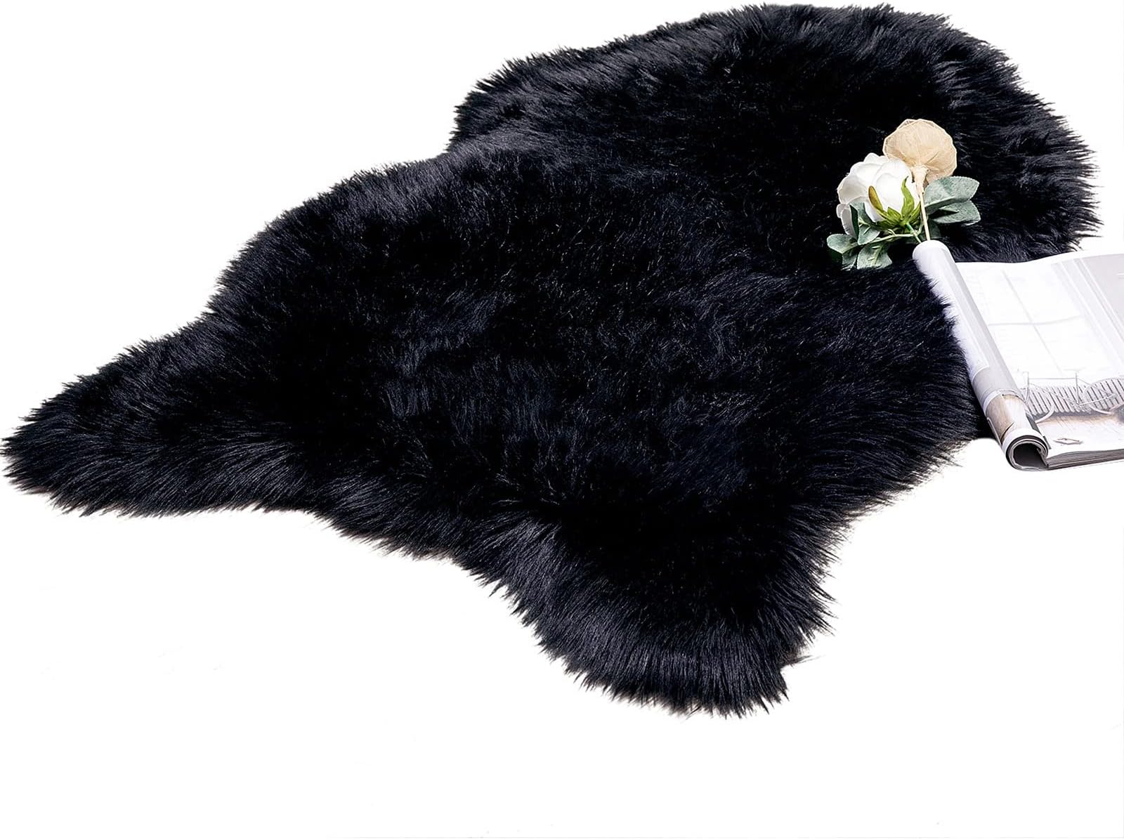 MIULEE Faux Fur Area Rugs Sheepskin Fluffy Mat Fleece Chair Cover Seat Pad Soft Shaggy Area Mat for Bedroom Sofa Floor 60 x 90 cm Irregular Shape Black
