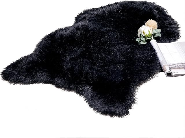 MIULEE Faux Fur Area Rugs Sheepskin Fluffy Mat Fleece Chair Cover Seat Pad Soft Shaggy Area Mat for Bedroom Sofa Floor 60 x 90 cm Irregular Shape Black