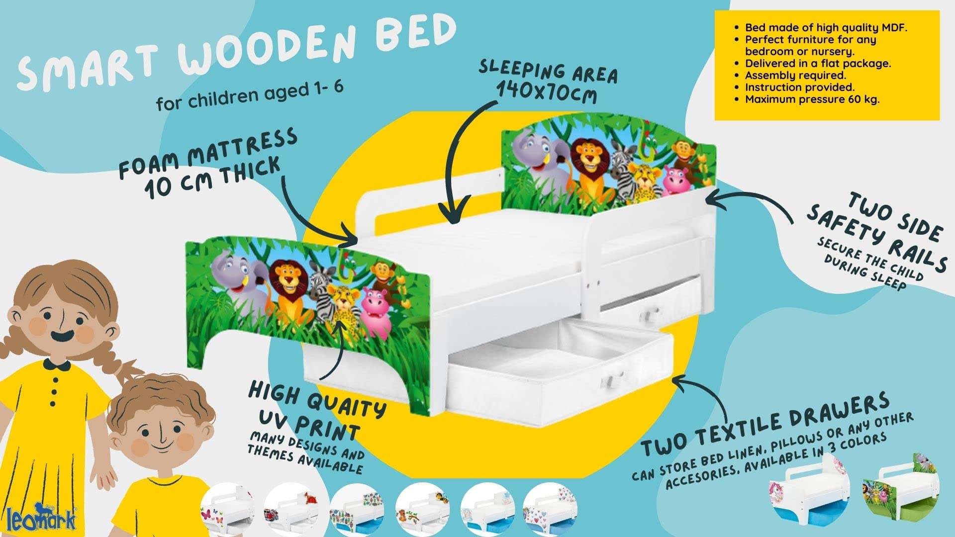 leomark Smart Cama Infantil de Madera - Mariposa - Marco de Cama, Colchón y Cajón, robustro Cómodo Dormitorio Impresa, Muebles para Niños, Espacio para Dormir: 140/70 cm