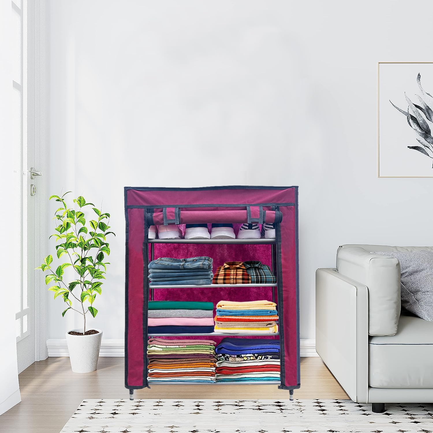 4 Layer Metal Maroon Space-Saver Collapsible Wardrobe: Maximize Your Space with Style-image-36