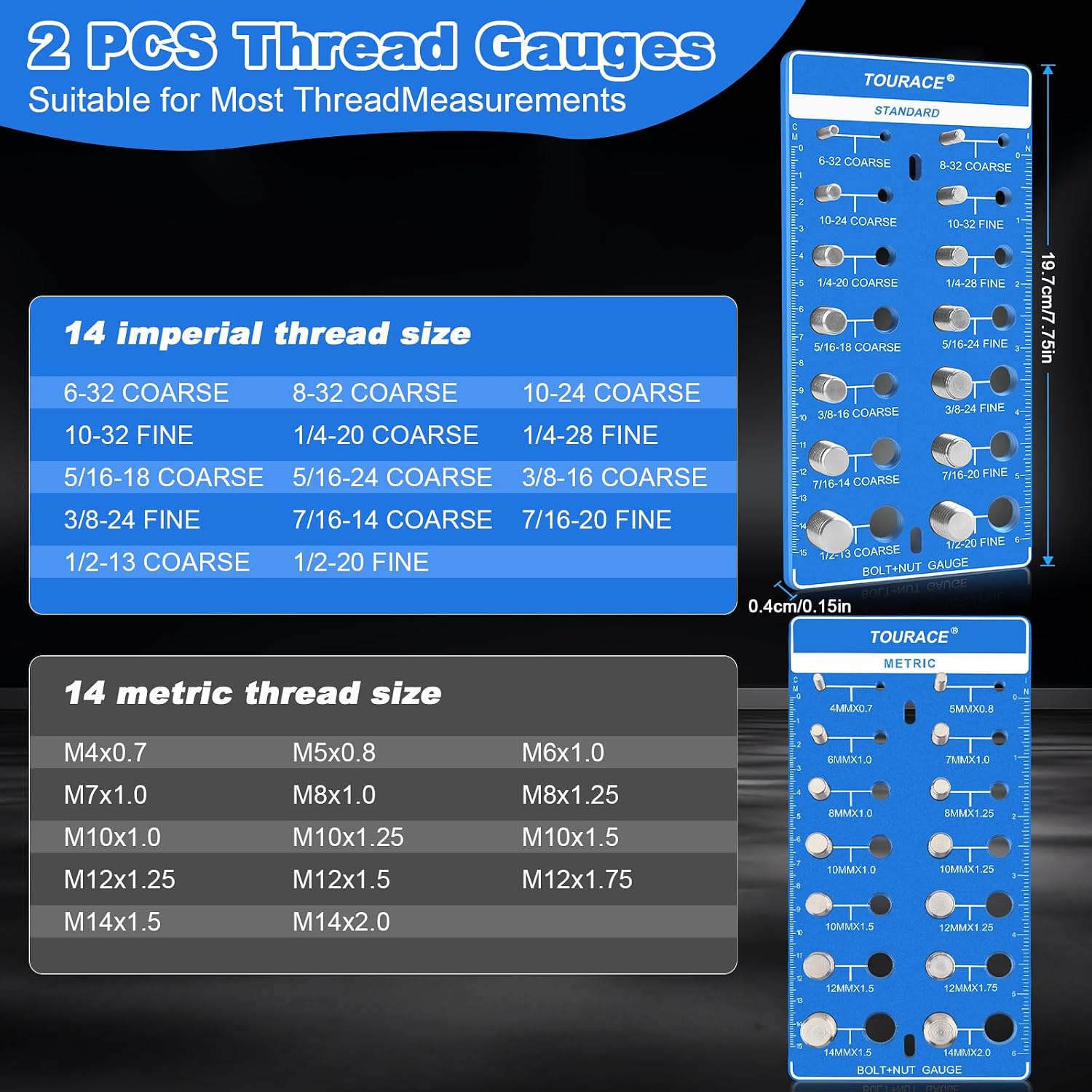 2Pcs Thread Checker, Nut and Bolt Thread Checker, Standard SAE and Metric, Bolt and Nut Thread Identifier Gauge Board, Wheel Bolt Pattern Torque Multiplier Chart Screw Size Gauge Finder Thread Chaser