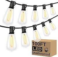 Brightever 100FT LED Outdoor String Lights, 52 Shatterproof ST38 Vintage Edison Bulbs, Waterproof Dimmable 2700K Patio Backyard Lights