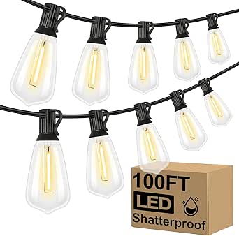 Brightever LED Outdoor String Lights 100FT with 52 Shatterproof Edison Bulbs, Waterproof, Dimmable, Warm White 2700K