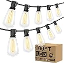 Brightever LED Outdoor String Lights 100FT Patio Lights with 52 Shatterproof ST38 Vintage Edison Bulbs, Outside Hanging Light Waterproof for Porch, Deck, Garden, Backyard, Balcony, 2700K Dimmable