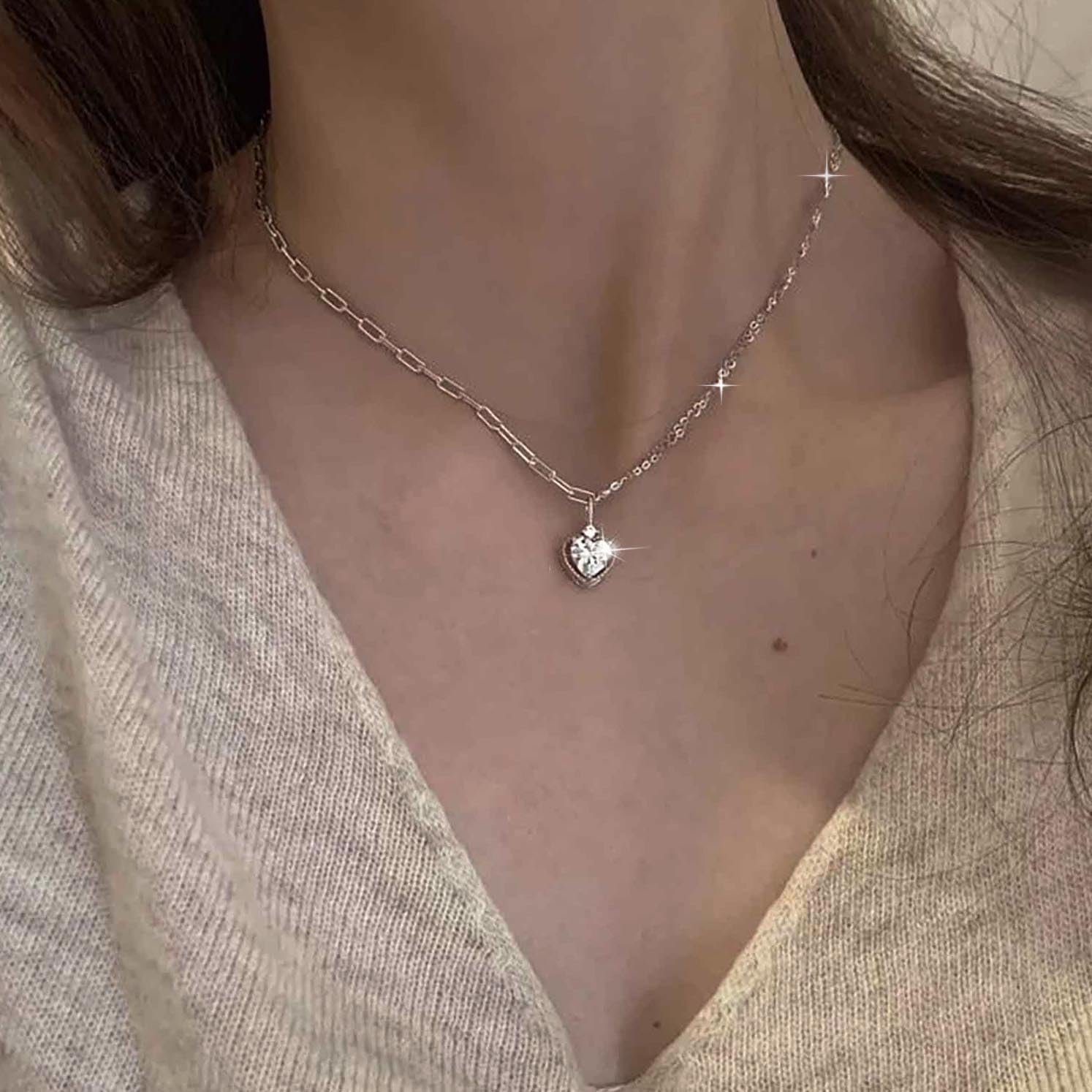 Vintage Rhinestone Heart Pendant Necklace Silver Cz Heart Choker Necklaces Tiny Crystal Necklaces Minimalist Love Necklace Chain Jewelry for Women - Image 2