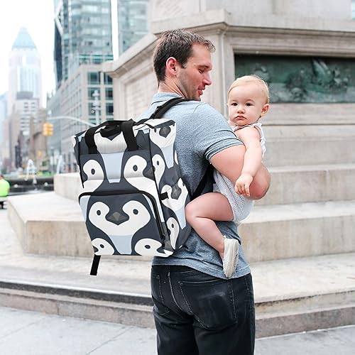 Miniatura 7 de Mochila de pañales de pingüino de dibujos animados para bebés, niños y niñas, multifunción para bebés, bolsa de viaje con correas para cochecito y