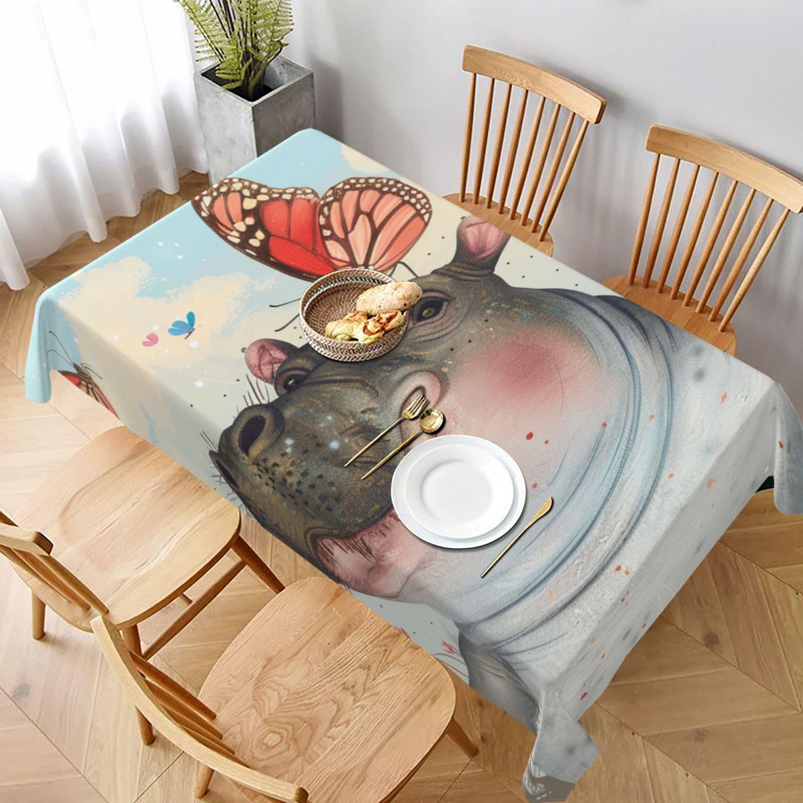 WPKJU Butterfly and Hippo Printed Tablecloth 60x90 in Water Resistant Table Cover Washable Rectangle Table Cloth for Dining Tables