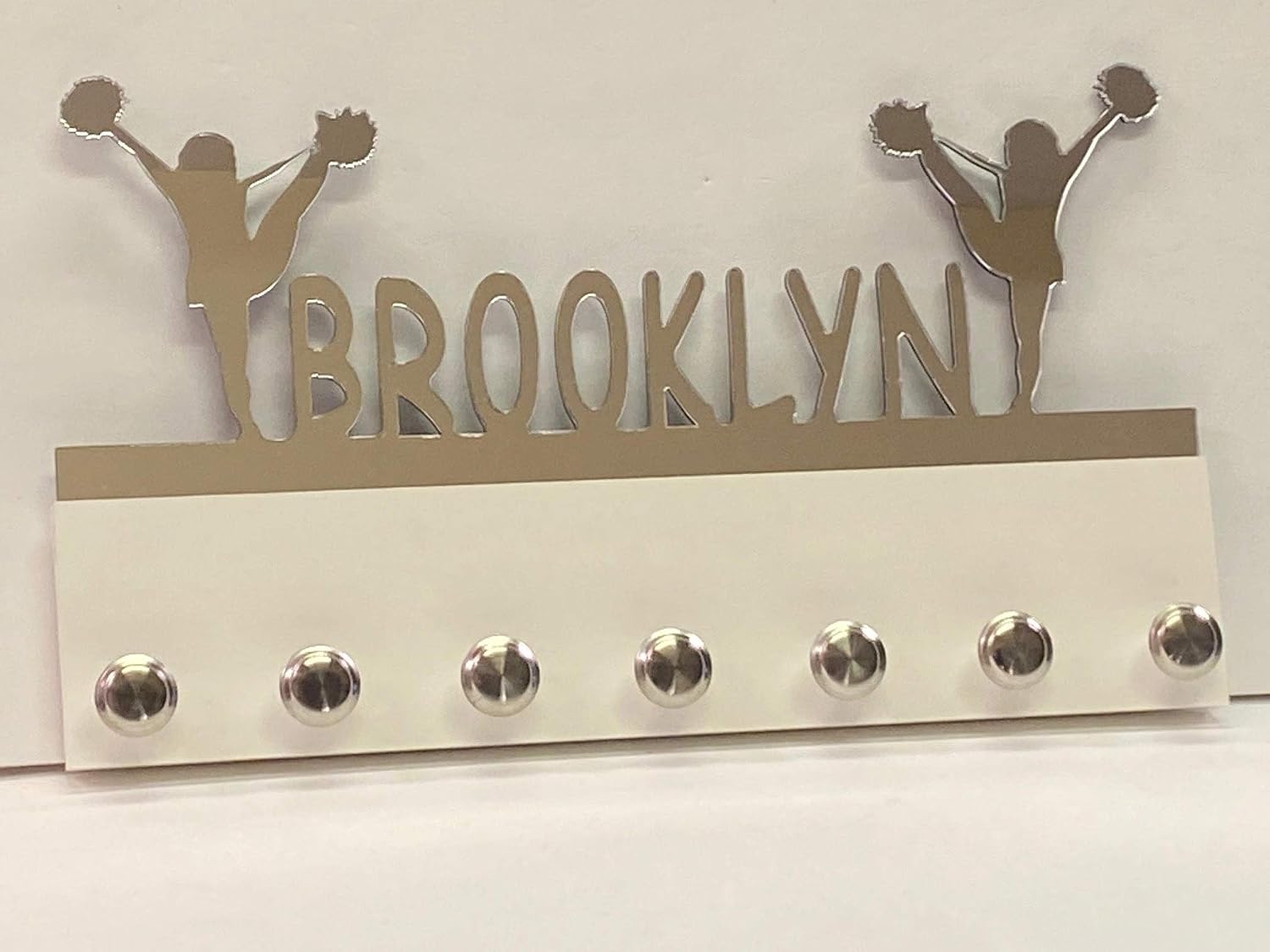 MIRROR MANIA Custom Personalized Name Medal Holder, Cheerleader Cheer Display Awards Hanger Rack with Hooks for 60+ Medals, Ribbons, Sports 16'' Wide, One of A Kind Made to Order with Your Name On It