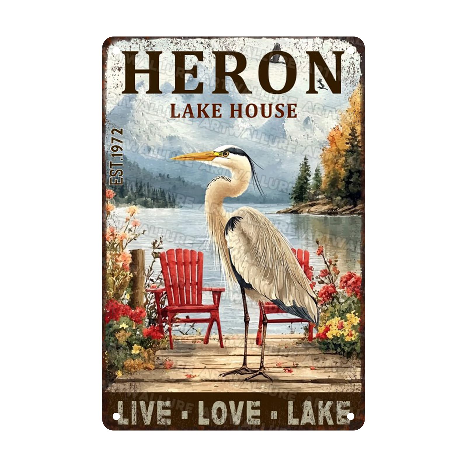 Vintage Heron Lake House Tin Sign Rustic Cabin Wall Art Metal Poster Retro Cabin Decor Lakeside Home Decoration Iron Plaque 8x12inch