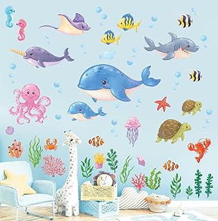 DECOWALL DS12-8081 海の中 ウォールステッカー デコ クジラ タコ 熱帯魚 カメ サメ ヒトデ クラゲ 幼稚園 保育園 子供部屋 DIY 壁転写 シール ウォールアート シール 男の子 女の子 こども バスルーム デコレーション 寝室用 ティーン キッズ ウォールペーパー 壁紙 家具 部屋用 処理 乳児 子 装飾的 リビング キッチン