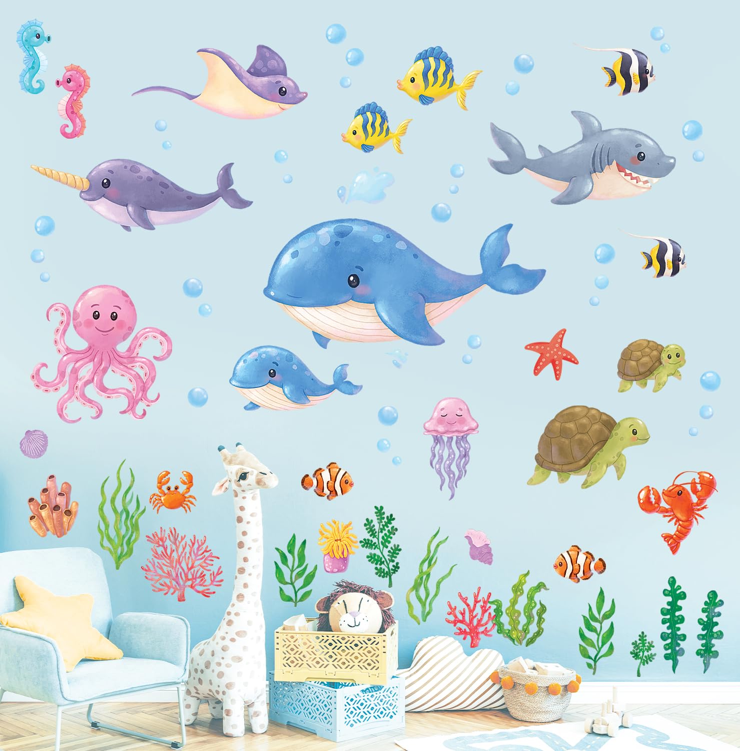 Decowall Boys Under The Sea A Ds12-8081 Under The Sea Wall Stickers Ocean Fish Seaweed Decals Turtle Jellyfish Removable For Kids Baby Bedroom Nursery Living Room Art Home Décor Bathroom Decoration