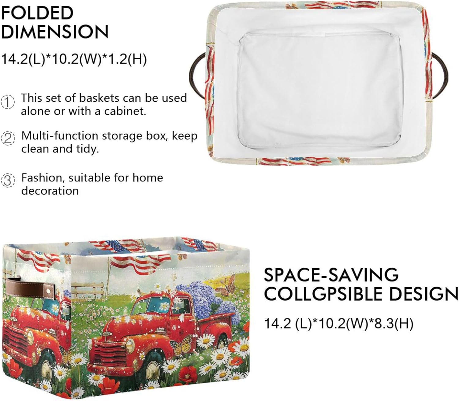 Wusikd Spring Truck Storage Basket Set of 1 Large Fabric Flowers Storage Basket Bins Box Cube with Handles Collapsible Closet Shelf Clothes Organizer Basket for Nursery Bedroom