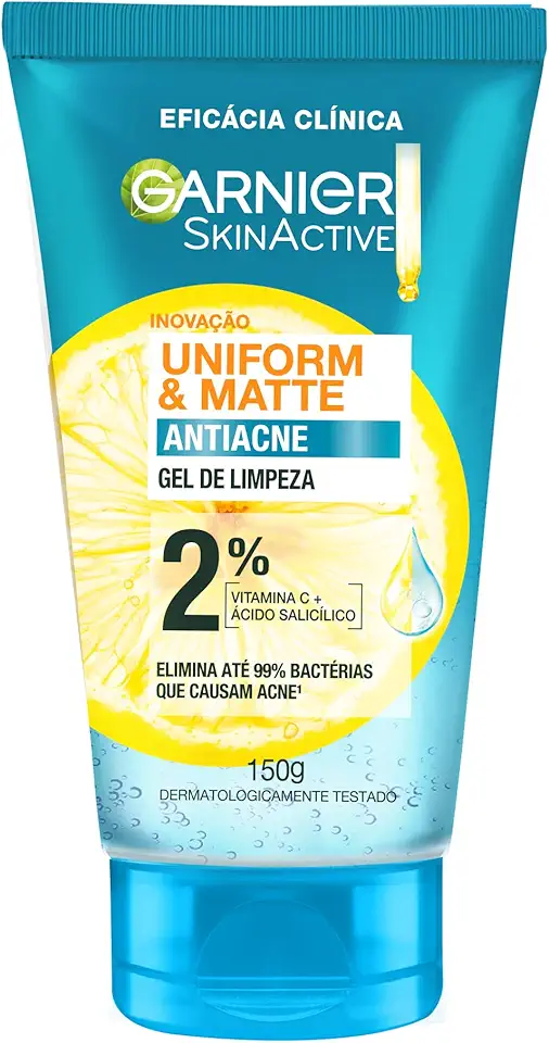 Garnier Uniform & Matte, Gel de Limpeza Facial com Ácido Salicílico e Vitamina C, Combate Cravos e Espinhas, Reduz a oleosidade e Controle da Pele Acneica, 150g